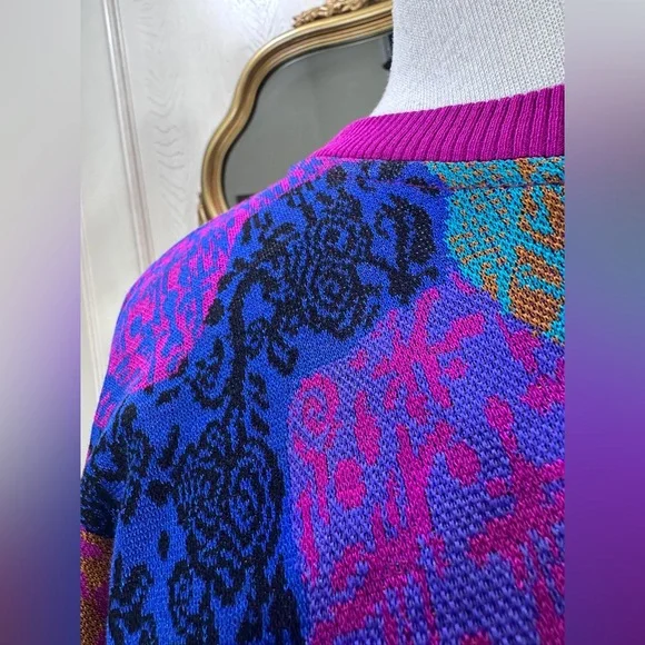 Vintage Village Fair Sweater Colorful 80s 90sKnit Abstract Bold Graphic Pullover - Picture 7 of 8